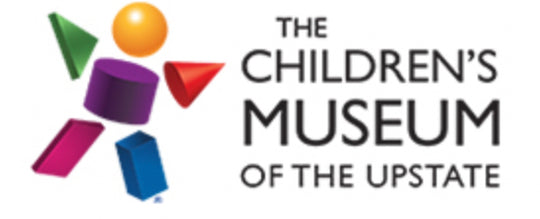 The main logo for The Children's Museum of the Upstate stick figure made out of different colored shapes