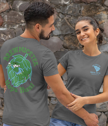 Unisex grey Tee with Head Brewmiceter and hops in Green and Turquoise on back and Be Loyal, Drink Local Greenville SC logo front left chasten turquoise