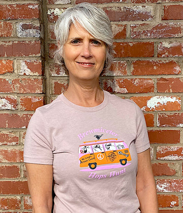 Women's pink/grey Tee with a van full of mice and the SC state bird, Brewmiceter Hops Hunt