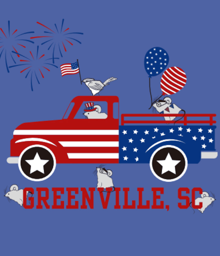 Closeup of Red White and blue mice and state bird logo with truck and Greenville, SC