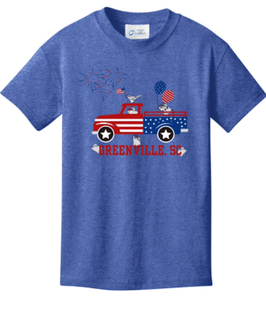 Blue t-shirt front view laying flat with red white and blue custom Greenville, SC design