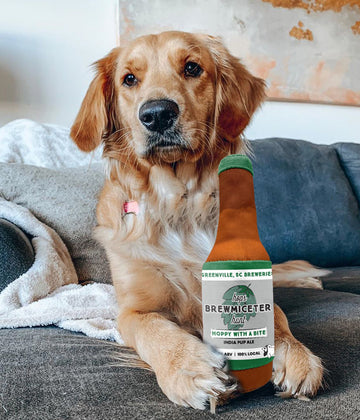 Green, grey and white Brewmiceter Hops Hunt logo on  Beer Bottle Dog Toy 