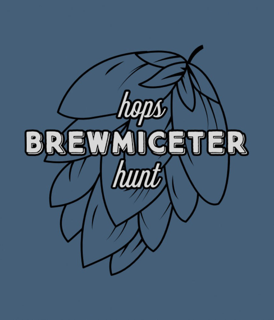 Close up of  black and white Brewmiceter Hops Hunt logo on indigo