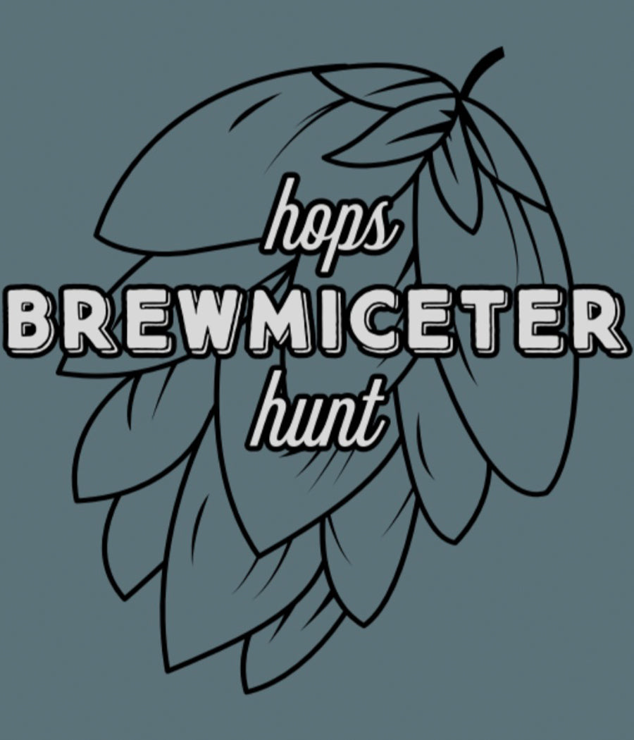 Close up of black and white Brewmiceter Hops Hunt logo on Teal