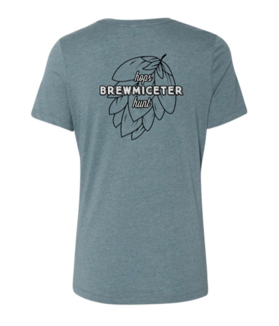 Back of heather teal ladies tee with black and white Brewmiceter Hops Hunt logo