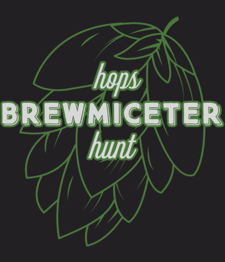 Close up of green and white Brewmiceter Hops Hunt logo on black