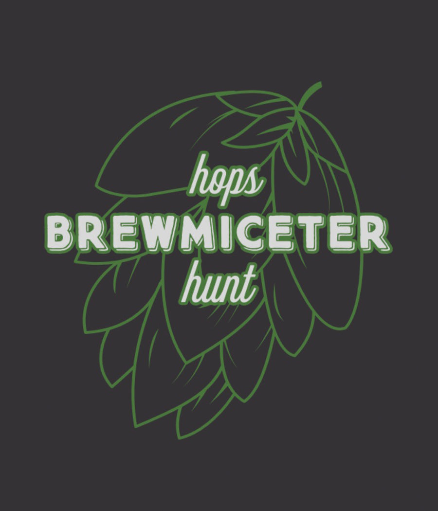 Close up of green and white Brewmiceter Hops Hunt logo on black
