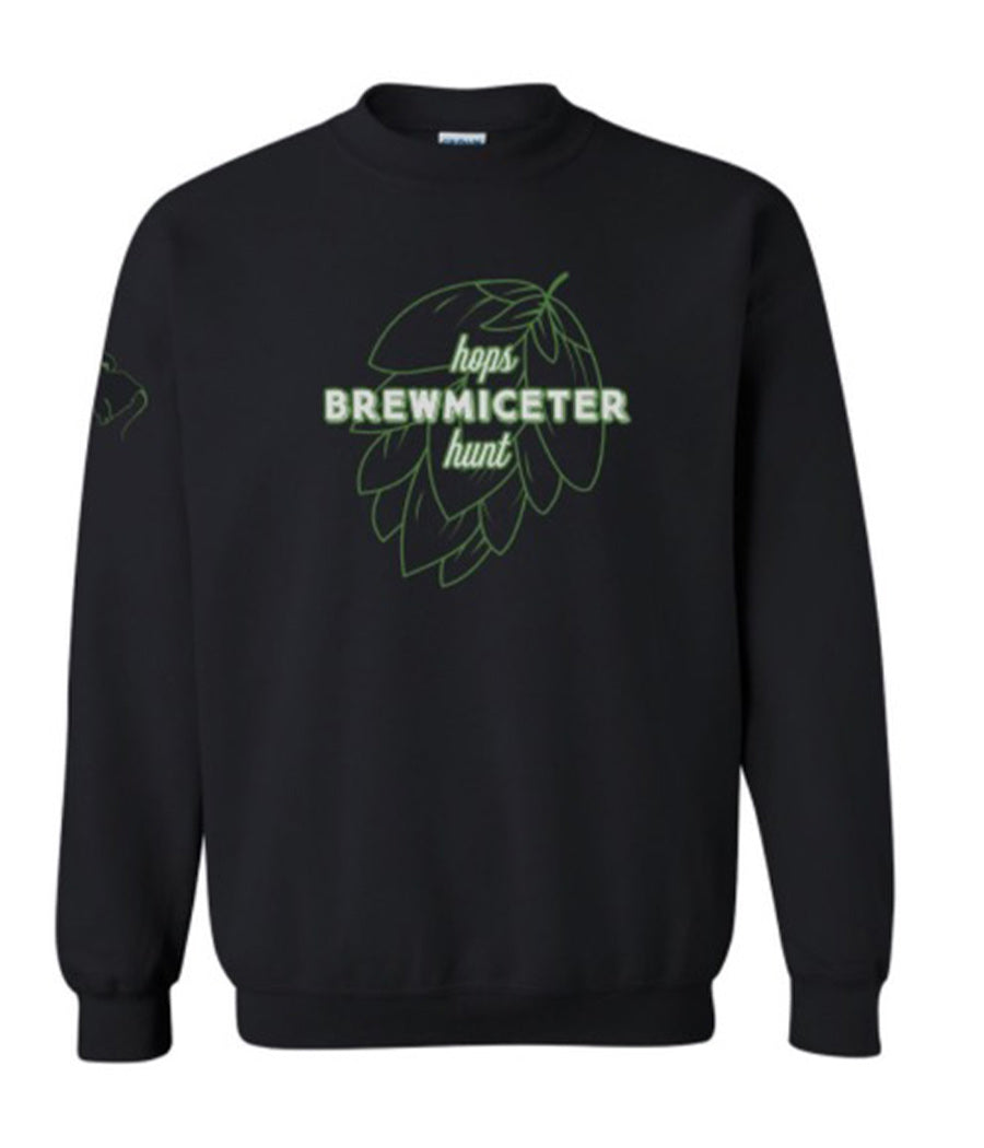 Front of black unisex sweatshirt with green and white Brewmiceter Hops Hunt logo