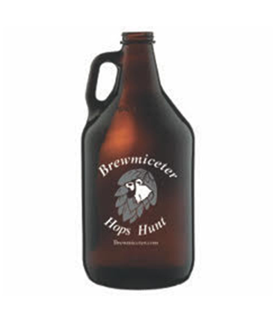  64 ounce amber beer jug, or growler, with Brewmiceter Grey, White and Black Hops Hunt logo on both the front and the back