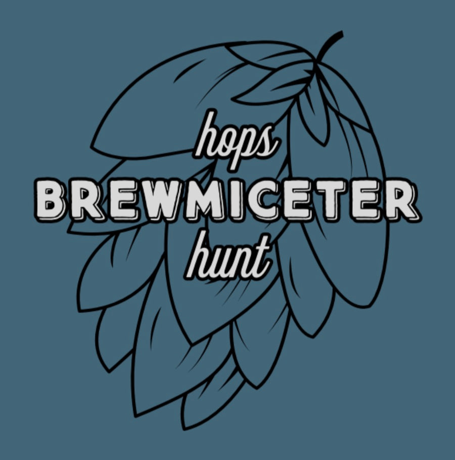 Close up of black and white Brewmiceter Hops Hunt logo