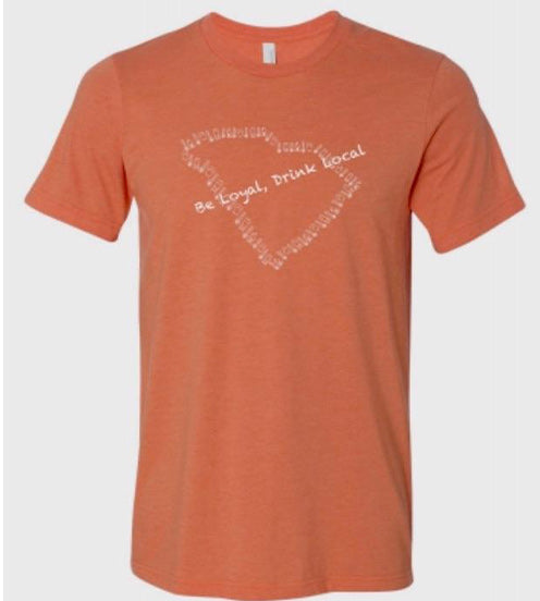 Be Loyal, Drink Local orange T-shirt.  This updated premium shirt has the outline of the state of SC made out of brewery icons in white - Tap pull, a glass of beer, fermentation tank, and growler.