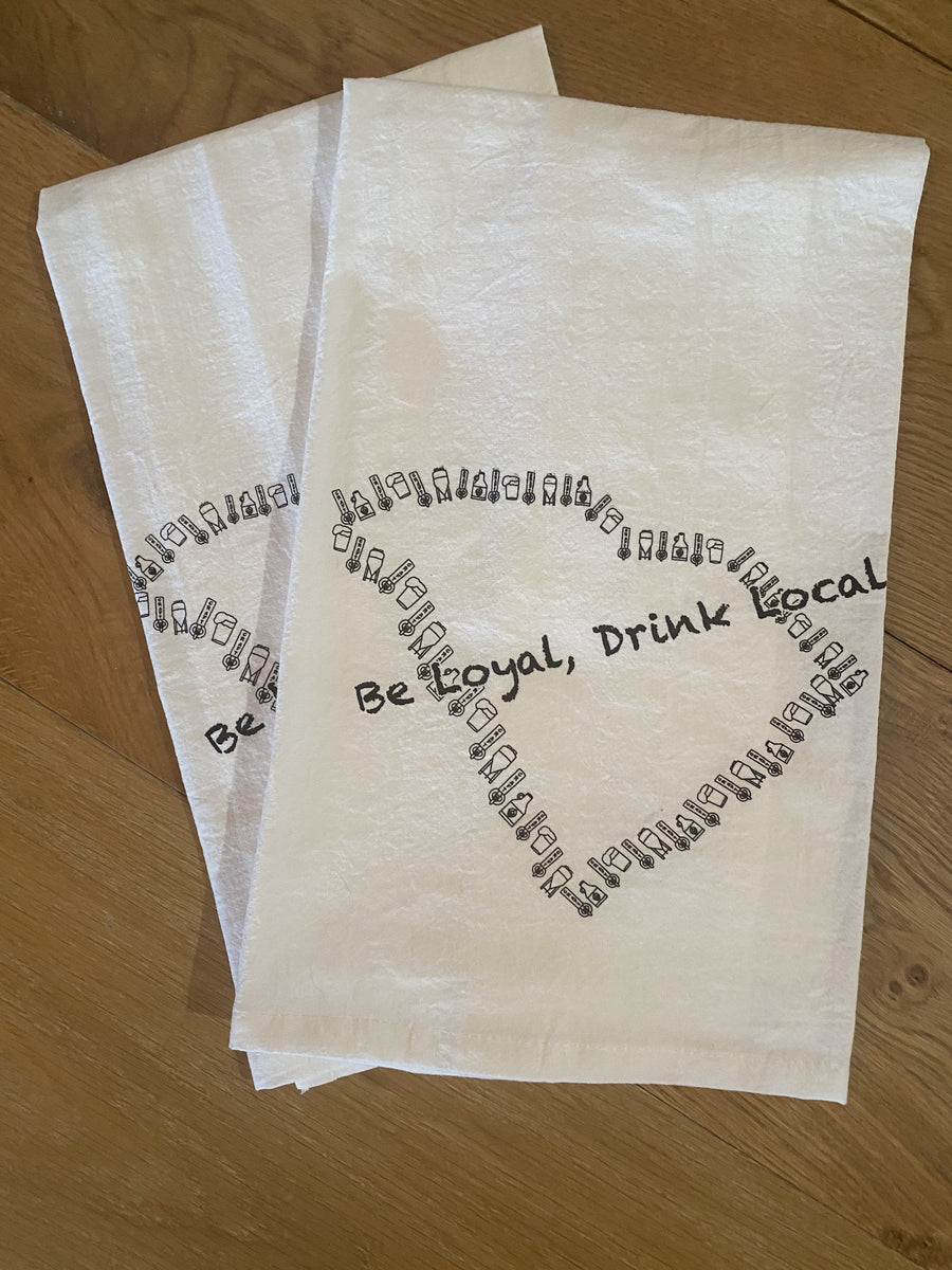 Be Loyal, Drink Local Tea Towel showing the outline of the State of SC made out of Craft Pulls, Fermentation Tank, Glass of Beer, and a Growler.