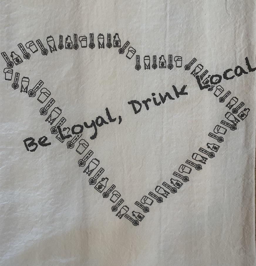 Close up of Black Graphic for Be Loyal, Drink Local showing the outline of the State of SC made out of Craft Pulls, Fermentation Tank, Glass of Beer, and a Growler.