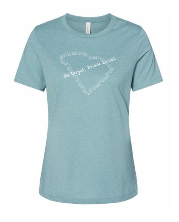 Be Loyal, Drink Local women's heather blue graphic t-shirt.  This updated premium t-shirt has the outline of the state of SC made out of brewery icons - Tap pulls, beer glasses, fermentation tanks, and growlers.  