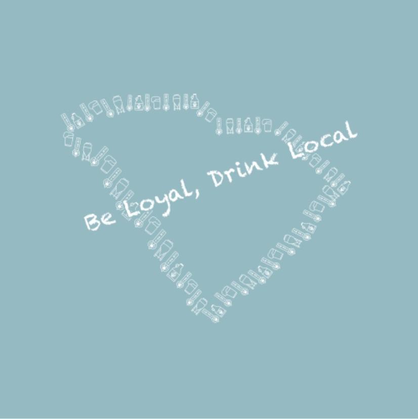 Close up of Graphic for Women's Heather Blue Lagoon T shirt Be Loyal, Drink Local showing the outline of the State of SC made out of Craft Pulls, Fermentation Tank, Glass of Beer, and a Growler.