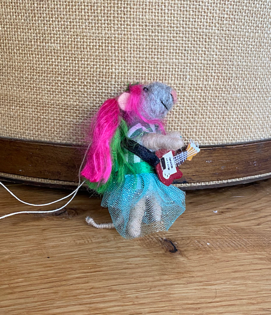 Hipster Henrietta Ornament side view with pink and green hair, red guitar, blue toto 