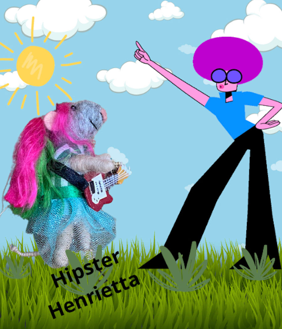 Hipster Henrietta Ornament with pink and green hair, red guitar, blue toto in grass with hipster woman listening