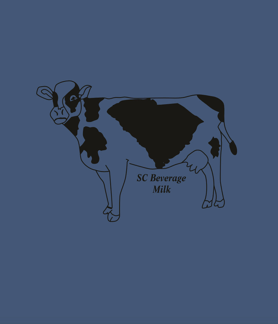 Close Up of Vintage Blue Toddler tee shirt black graphic design of a milking cow with the state of South Carolina as the center spot and the words 