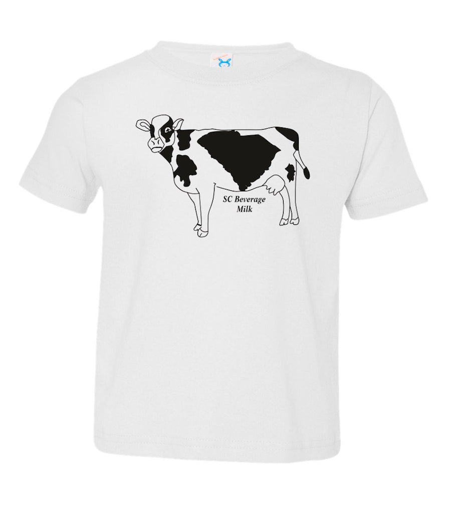 White Toddler tee shirt with a black graphic design of a milking cow with the state of South Carolina as the center spot and the words 