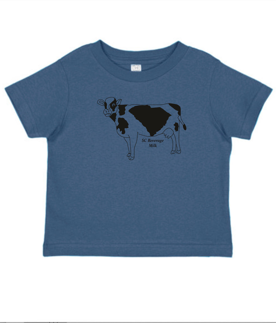 Close Up of Vintage Blue Toddler tee shirt with black graphic design of a milking cow with the state of South Carolina as the center spot and the words 