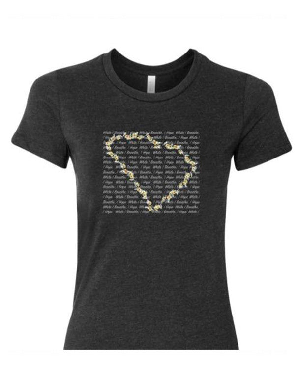 Lightweight and super soft heather grey women's t-shirt with the outline of the state of SC made out of yellow jessamine and the state motto 