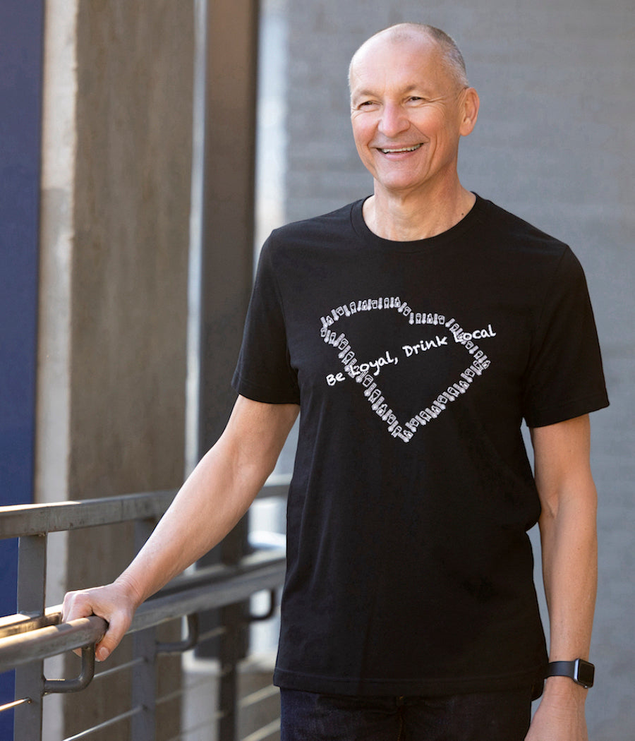 Be Loyal, Drink Local men's black graphic t-shirt.  This updated premium solid black t-shirt has the outline of the state of SC made out of brewery icons - Tap pulls, beer glasses, fermentation tanks, and growlers.  