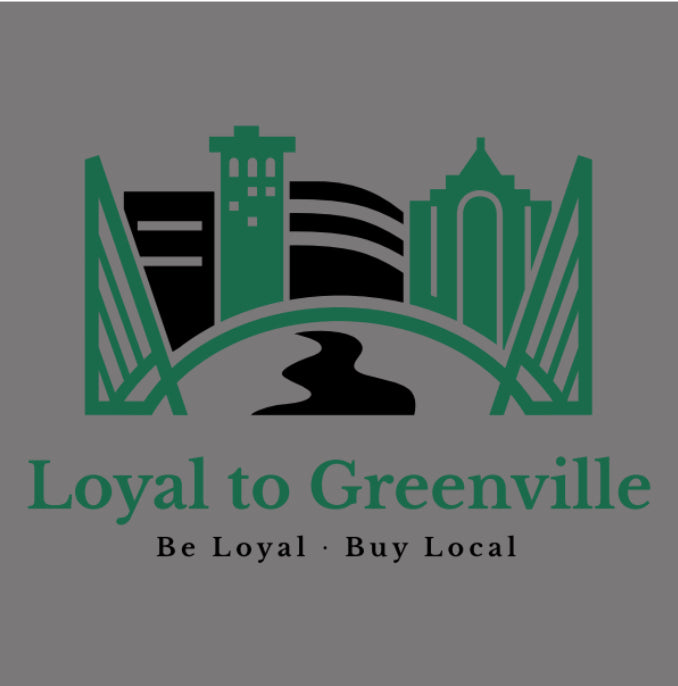 Close up of  green and black Loyal to Greenville  statement logo which has the bridges represented, several outlines of actual buildings here in Greenville, SC along with an icon for the Reedy Falls River.  