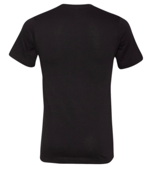 Solid black, back view of t-shirt.