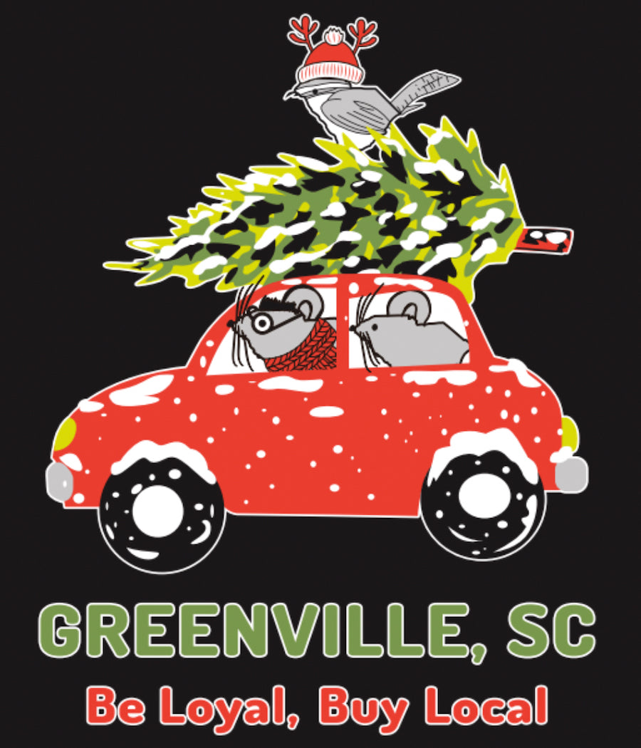 Close up of Art Greenville Local Artist Fall/Xmas on Black  Red car with 2 mice the shape of SC in the car, a fir tree on top of the car and the SC Wren on top with red knit hat with reindeer antlers.