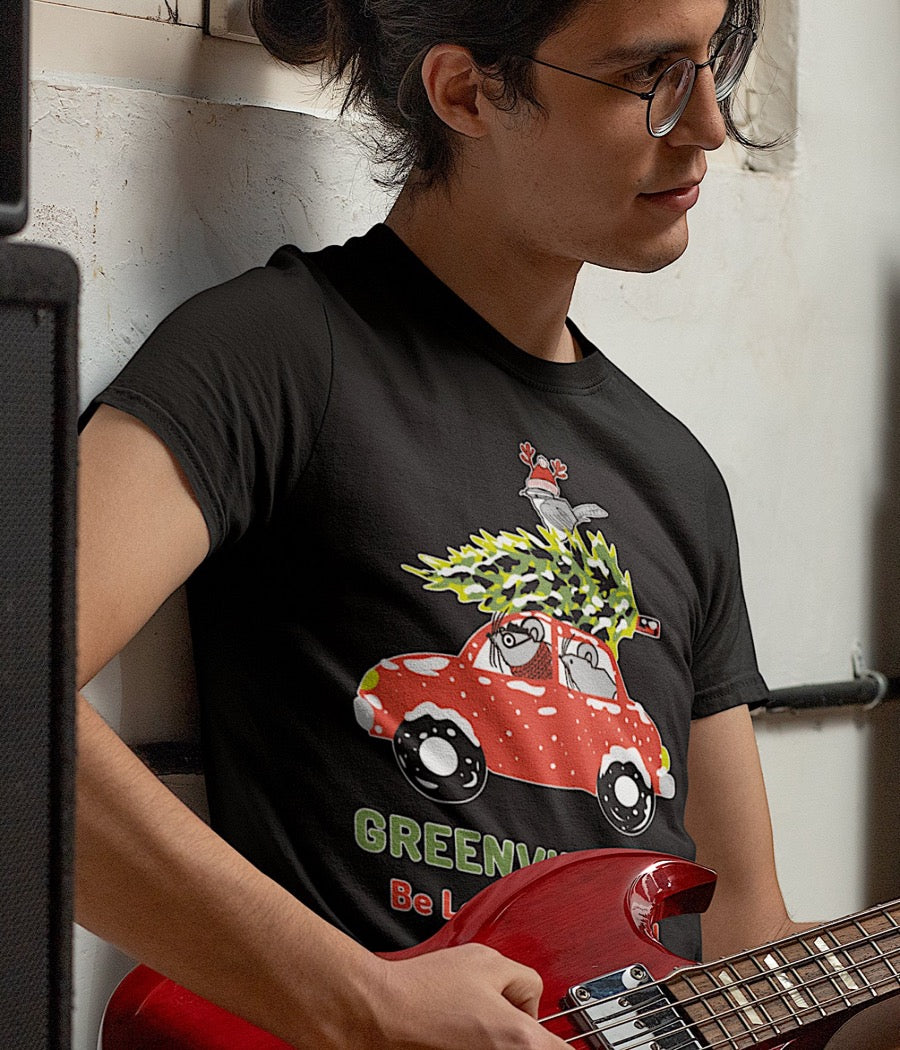 Greenville Local Artist Fall/Xmas Black T-Shirt - Unisex on younger guy playing a guitar.