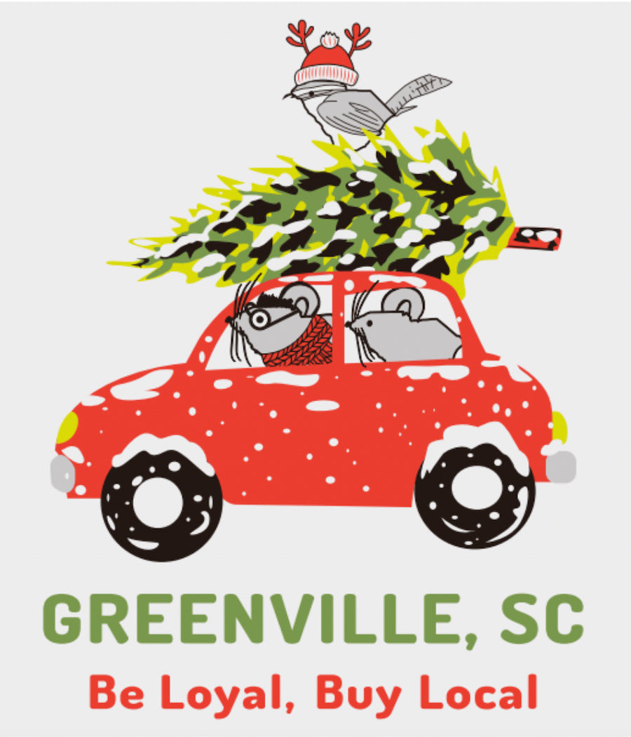White Greenville Women's Fall/Xmas Mouse Design close up local design of red car with 2 SC Mice in the car, a tree on top of the car and the state bird - the Carolina Wren is on top with a red knit cap with reindeer antlers.