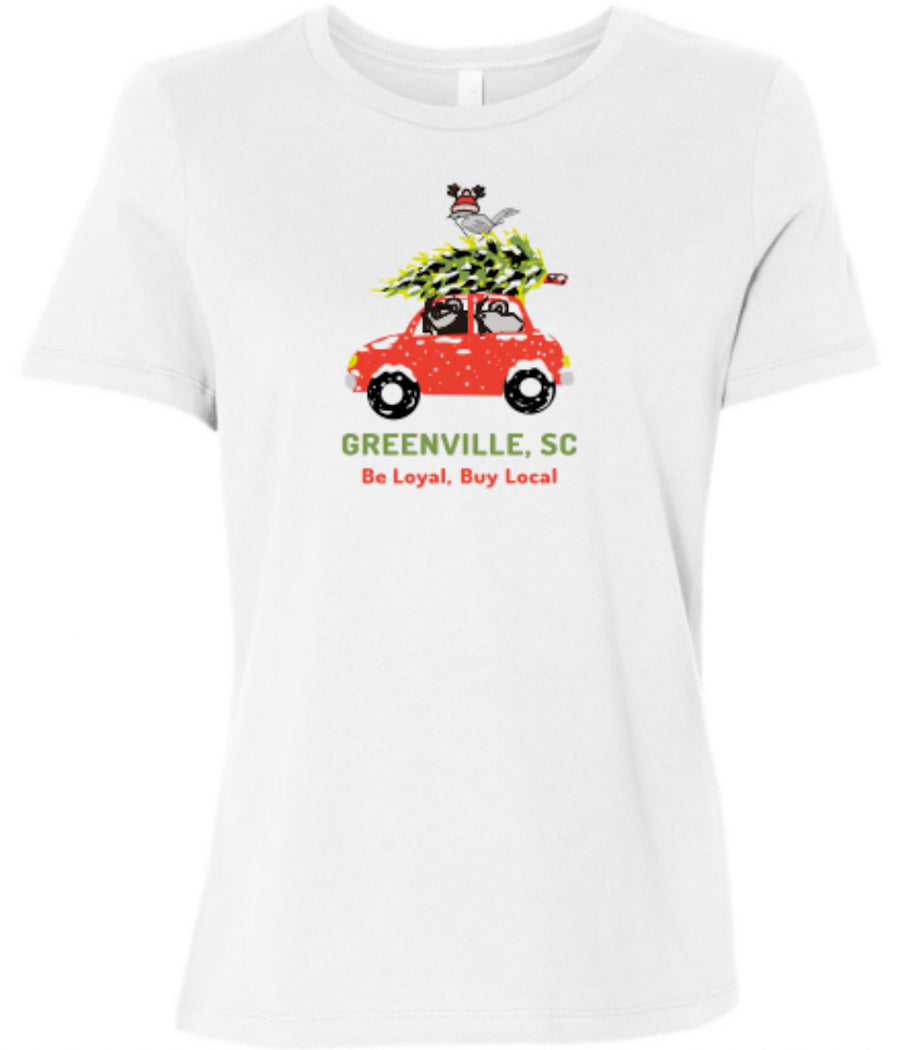 Front Layout of White Greenville Women's Fall/Xmas Mouse Design short sleeve T-Shirt with local design of red car with 2 SC Mice in the car, a tree on top of the car and the state bird - the Carolina Wren is on top with a knit cap with reindeer antlers.