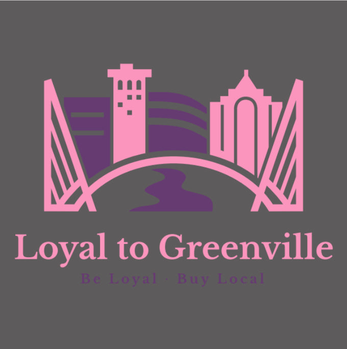 Close up of Loyal to Greenville  statement logo in  pink and purple with the bridges represented, several outlines of actual buildings here in Greenville, SC along with an icon for the Reedy Falls River.  