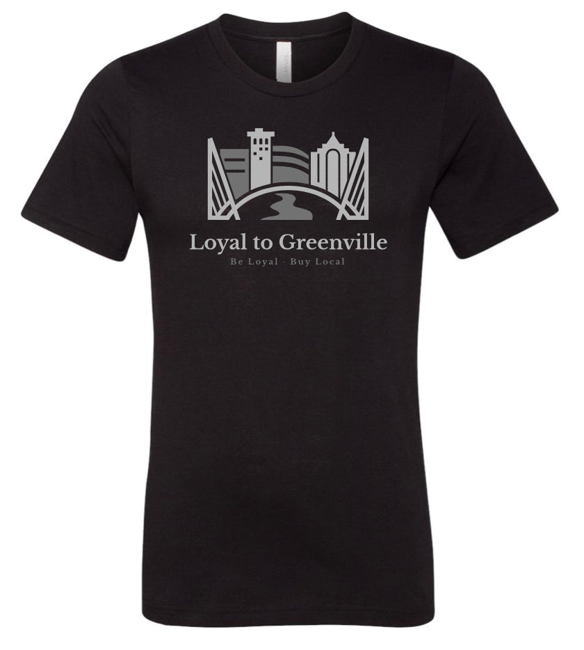 Men's black tee with Loyal to Greenville statement logo in shades of grey which has the bridges represented, several outlines of actual buildings here in Greenville, SC along with an icon for the Reedy Falls River.  