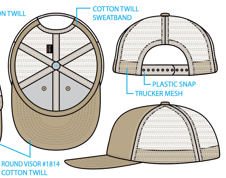 Brewmiceter stone and tan trucker cap with details, cotton twill sweatband, trucker mesh, plastic snap, cotton twill bill