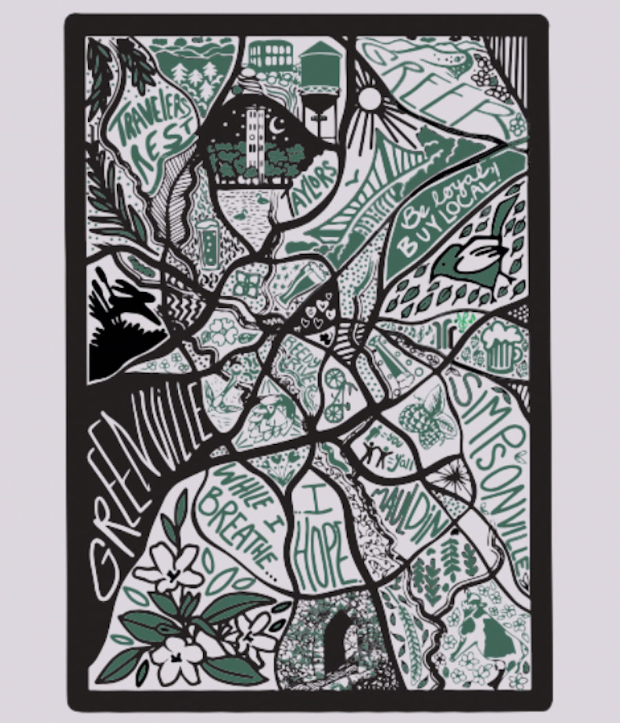 Basic Tea Towel with abstract map of Greenville, SC in green, white and black.