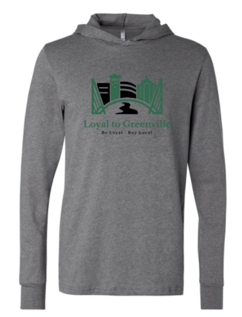 Front of unisex long sleeve hoodie tee with green and black Loyal to Greenville  statement logo which has the bridges represented, several outlines of actual buildings here in Greenville, SC along with an icon for the Reedy Falls River.  
