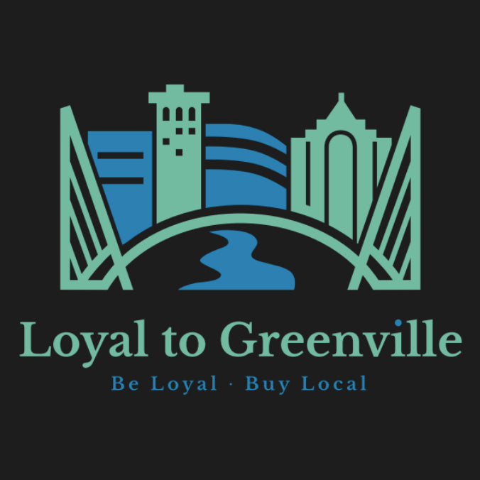 Close up of  blue and green Loyal to Greenville  statement logo which has the bridges represented, several outlines of actual buildings here in Greenville, SC along with an icon for the Reedy Falls River.  