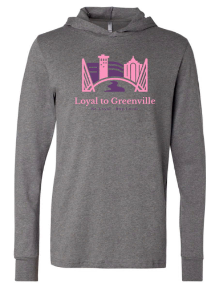 Heather long sleeve hoodie tee with pink and purple Loyal to Greenville  statement logo which has the bridges represented, several outlines of actual buildings here in Greenville, SC along with an icon for the Reedy Falls River.  