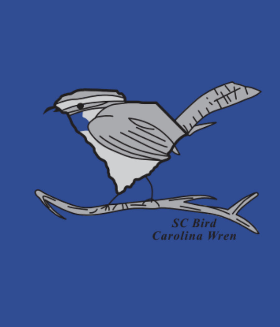 Close up of the vintage royal onesie with the SC State bird, the Carolina wren, with the the body of the wren drawn out of the shape of South Carolina in grey, white and black.