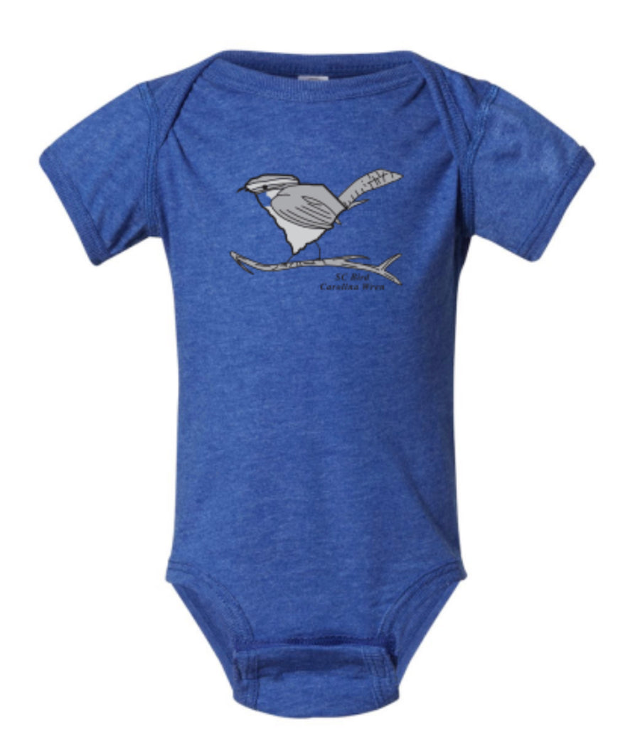 This adorable vintage royal onesie with the SC State bird, the Carolina wren, with the the body of the wren drawn out of the shape of South Carolina
