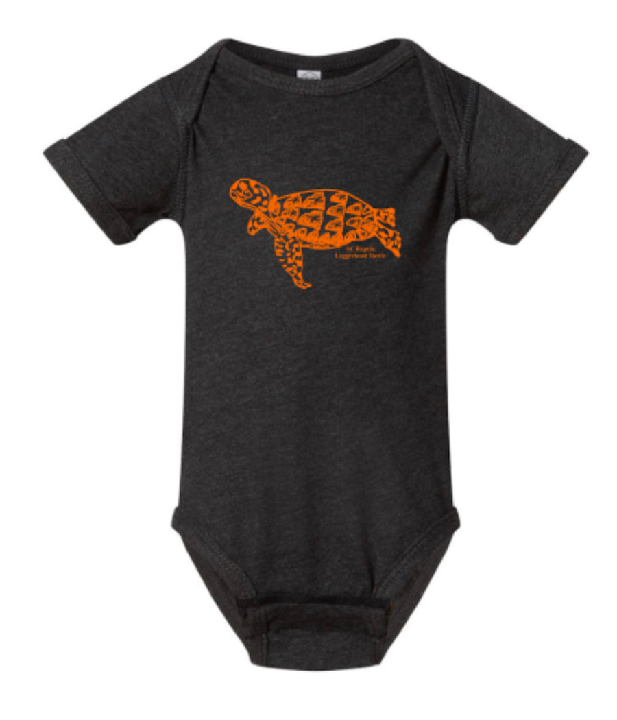 This adorable vintage smoke onesie with the SC State reptile, the Loggerhead Turtle done in vibrant orange, has the spots on the body of the turtle drawn out of the shapes of South Carolina