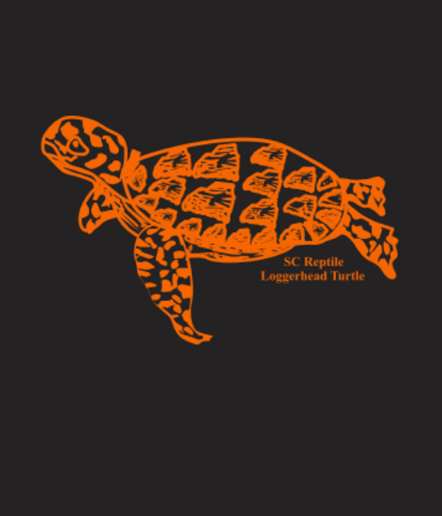 Close up of SC State reptile the Loggerhead Turtle done in vibrant orange, has the spots on the body of the turtle drawn out of the shapes of South Carolina on the vintage smoke onesie  