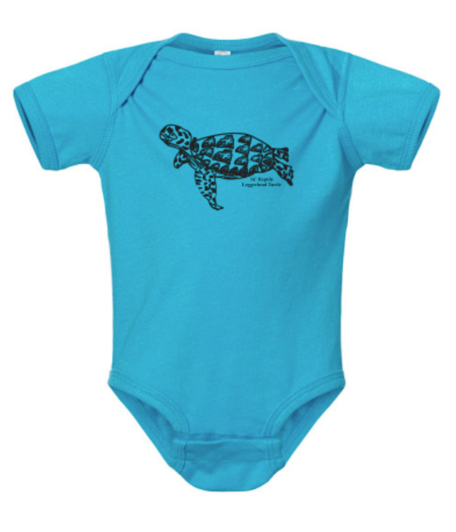 This adorable vintage turquoise onesie with the SC State reptile, the Loggerhead Turtle, has the spots on the body of the turtle drawn out of the shapes of South Carolina