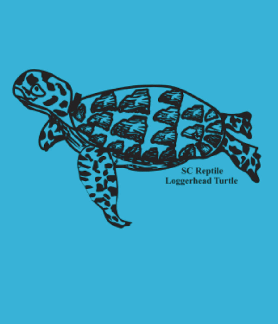 Close up of  vintage turquoise onesie with the SC State reptile, the Loggerhead Turtle, drawn in black,  has the spots on the body of the turtle drawn out of the shapes of South Carolina