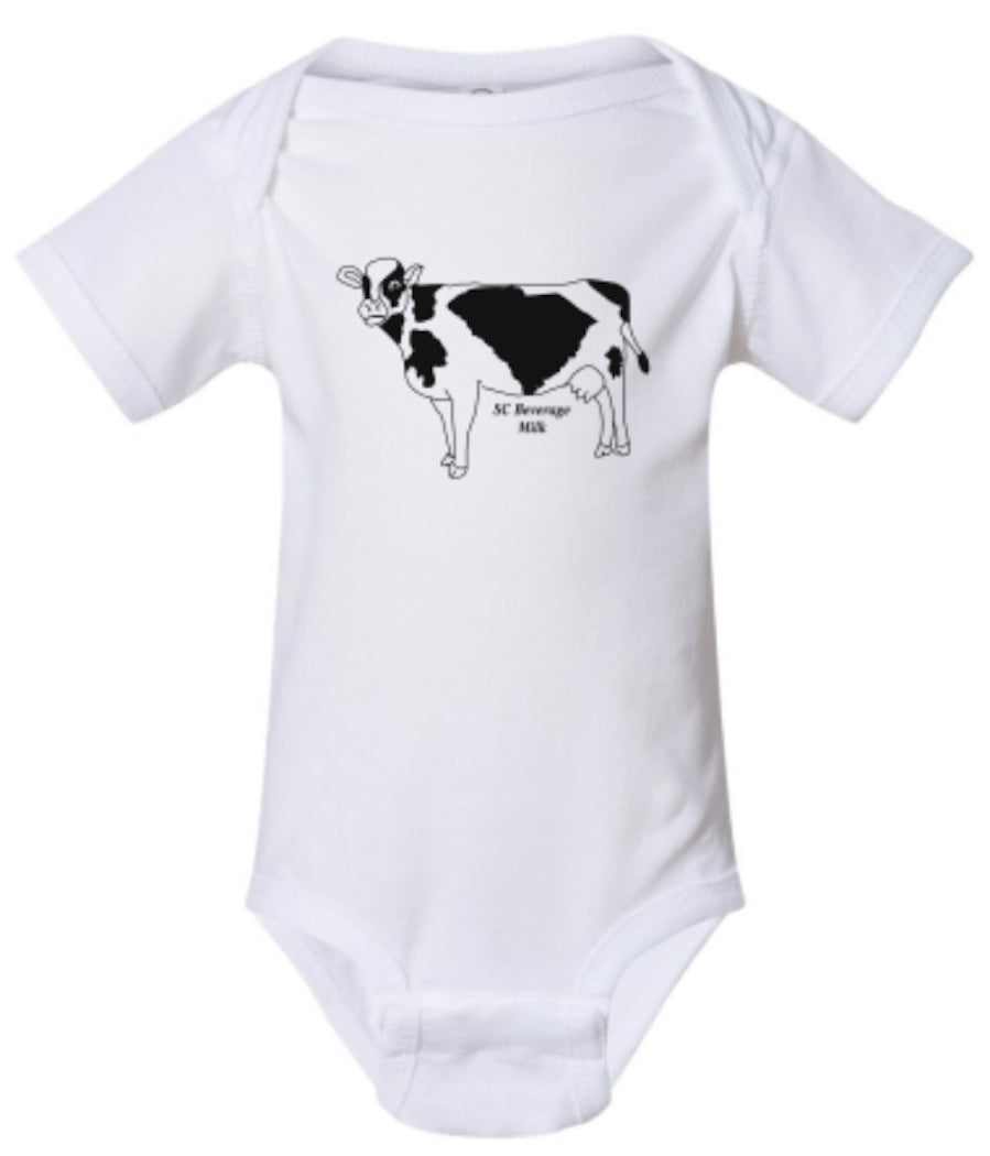 This adorable white onesie with the SC State symbol for our beverage (Milk), with the black dairy cow with a main spot the shape of South Carolina