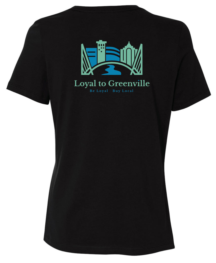 Back of women's black tee with blue and green Loyal to Greenville  statement logo which has the bridges represented, several outlines of actual buildings here in Greenville, SC along with an icon for the Reedy Falls River.  