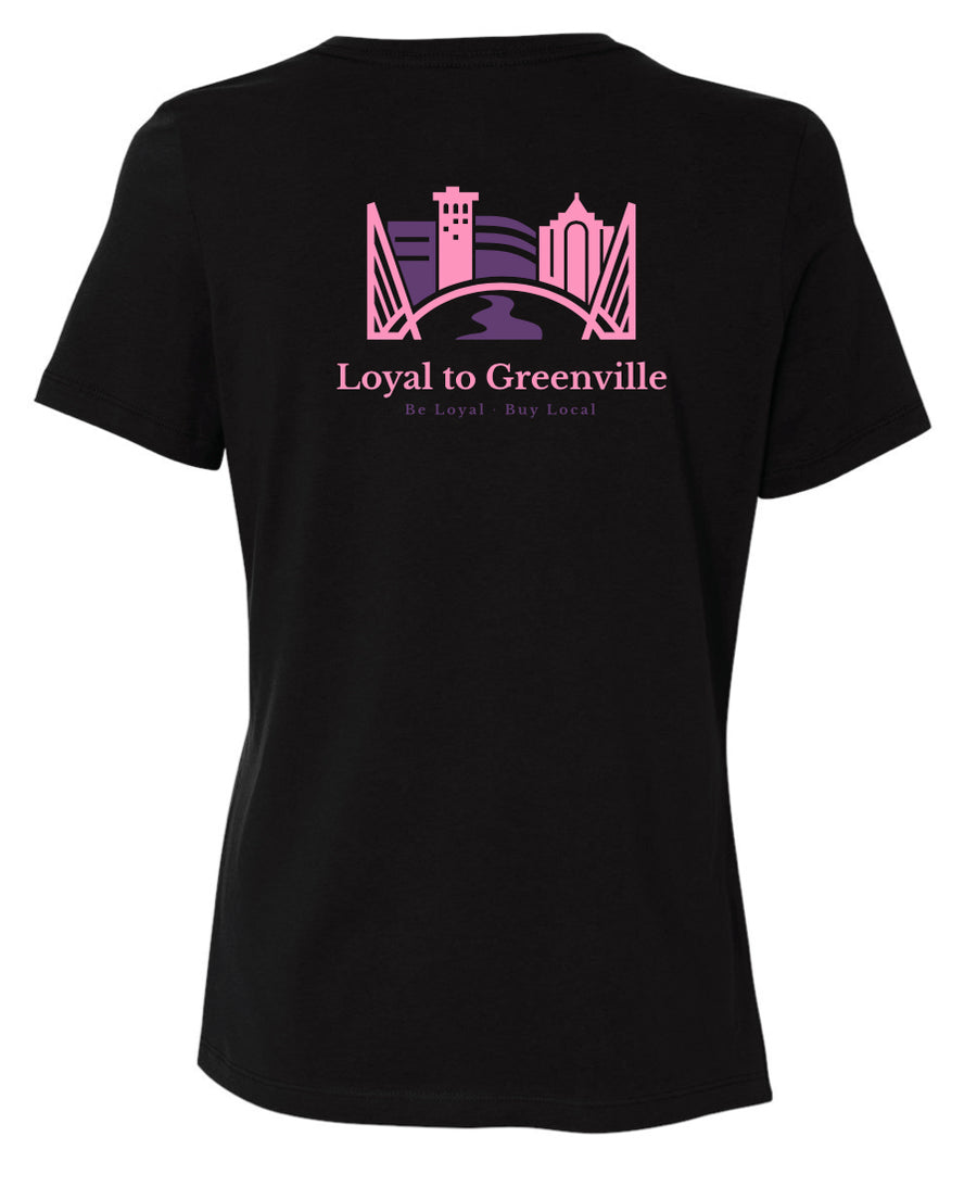 Back of women's black tee with pink and purple Loyal to Greenville  statement logo which has the bridges represented, several outlines of actual buildings here in Greenville, SC along with an icon for the Reedy Falls River.  