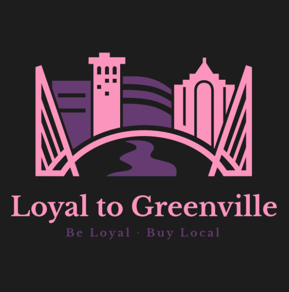 Close up of Loyal to Greenville's pink and purple logo on  black tee which has the bridges represented, several outlines of actual buildings here in Greenville, SC along with an icon for the Reedy Falls River.  