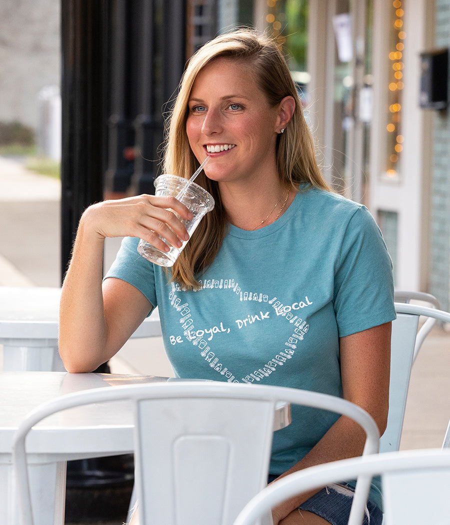 Be Loyal, Drink Local women's heather blue graphic t-shirt.  This updated premium t-shirt has the outline of the state of SC made out of white brewery icons - Tap pulls, beer glasses, fermentation tanks, and growlers.  